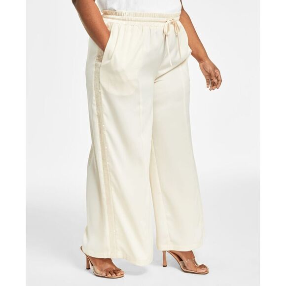 Nina Parker Plus 3X Sequin Stripe Wide Leg Pants Cream Pull-On Lounge - Picture 1 of 7